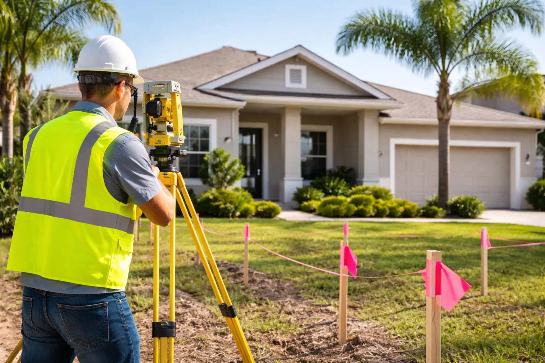 Surveyor sighting through a theodolite on a residential lot